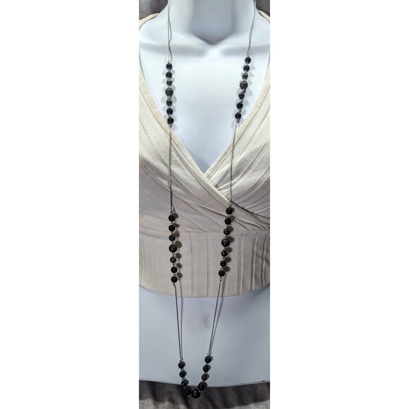 Elegant Opera Station Necklace Black Beads On Silver Tone Snake Chain - Picture 1 of 7